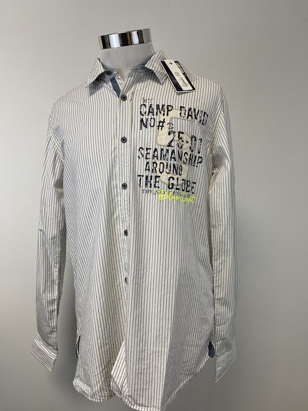 Camp David Shirt Mens Large Button Up White Striped Embroidered Long Sleeve A4